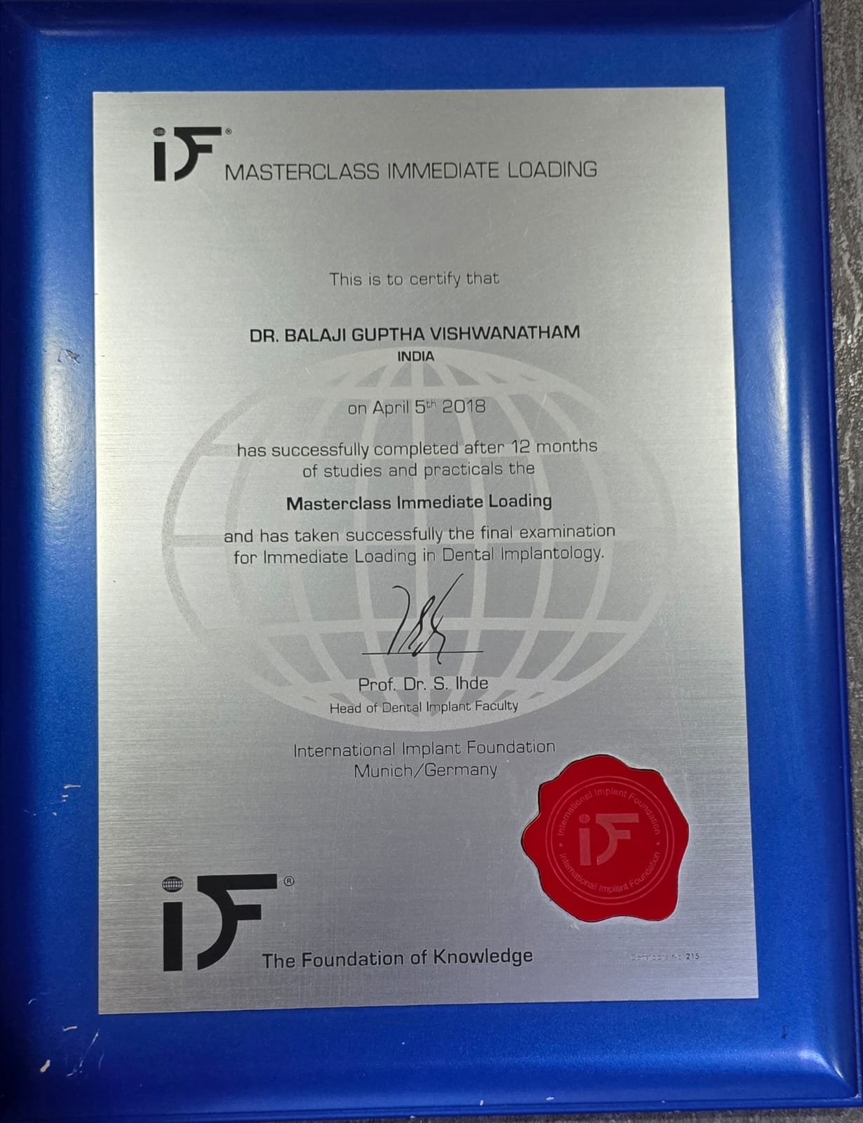 Dr. Balaji Gupta — IIF Masterclass Immediate Loading Certificate, Munich 2018